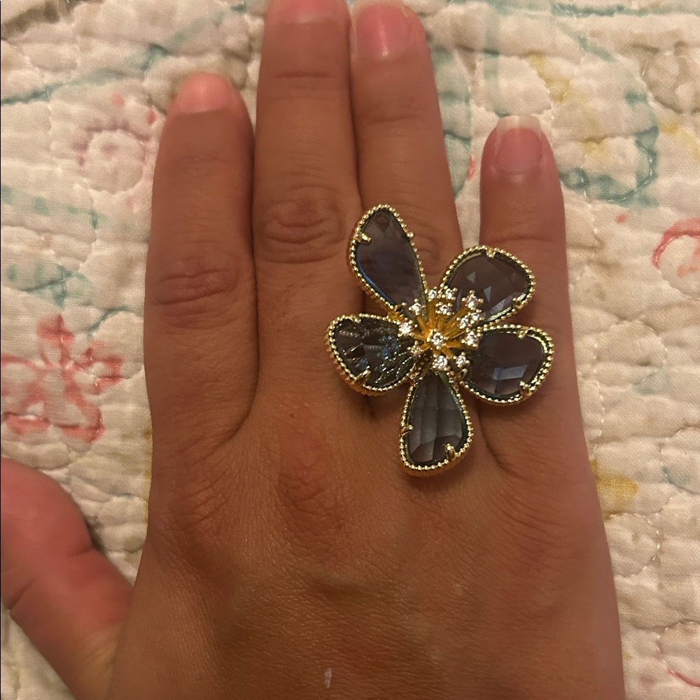 Stainless steel Floral Statement Ring with Gray Gem Petals